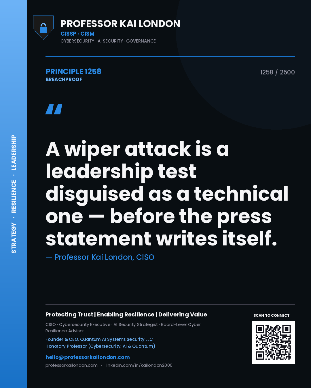 Quote card by Professor Kai London reading 'A wiper attack is a leadership test disguised as a technical one — before the press statement writes itself.'. From the book Breachproof.