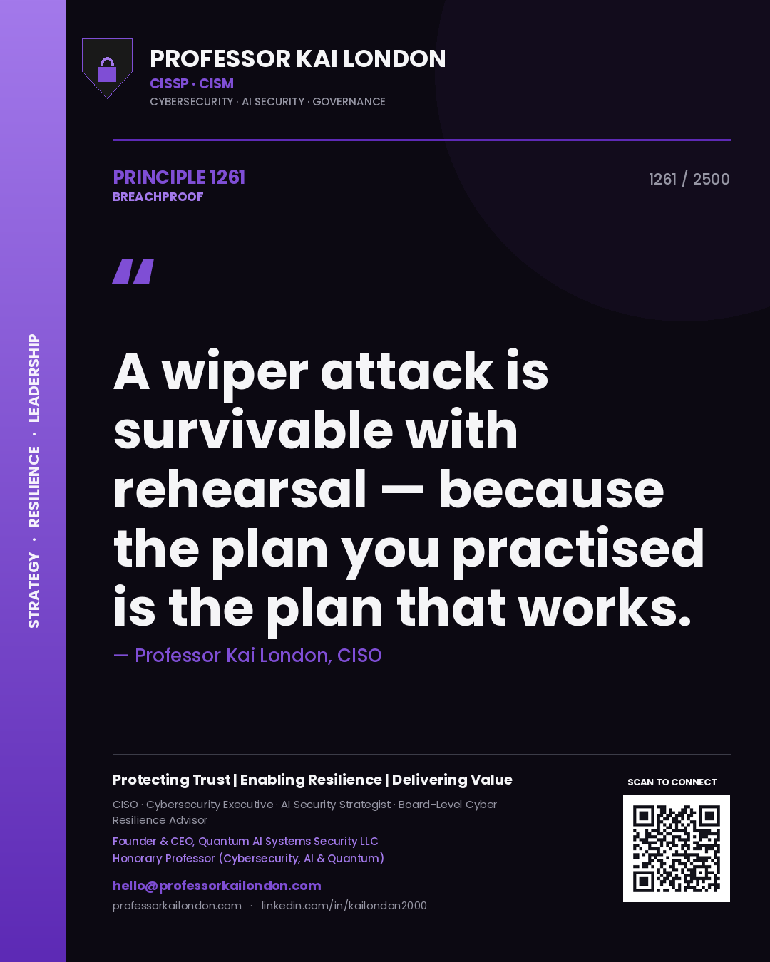 Quote card by Professor Kai London reading 'A wiper attack is survivable with rehearsal — because the plan you practised is the plan that works.'. From the book Breachproof.