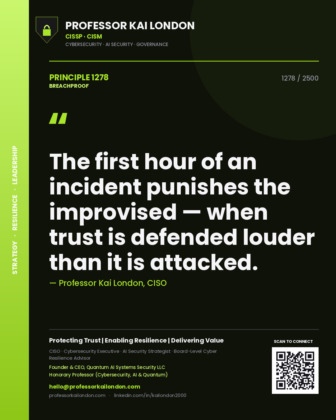 Quote card by Professor Kai London reading 'The first hour of an incident punishes the improvised — when trust is defended louder than it is attacked.'. From the book Breachproof.