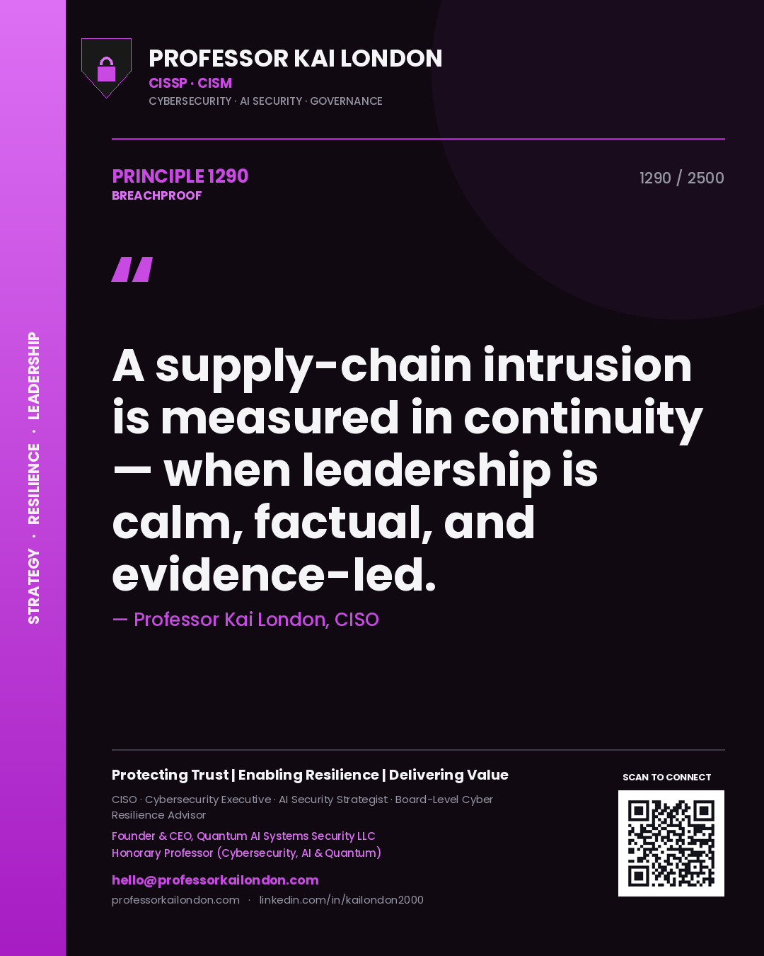 Professor Kai London principle 1290: A supply-chain intrusion is measured in continuity — when leadership is calm, factual, and evidence-led.