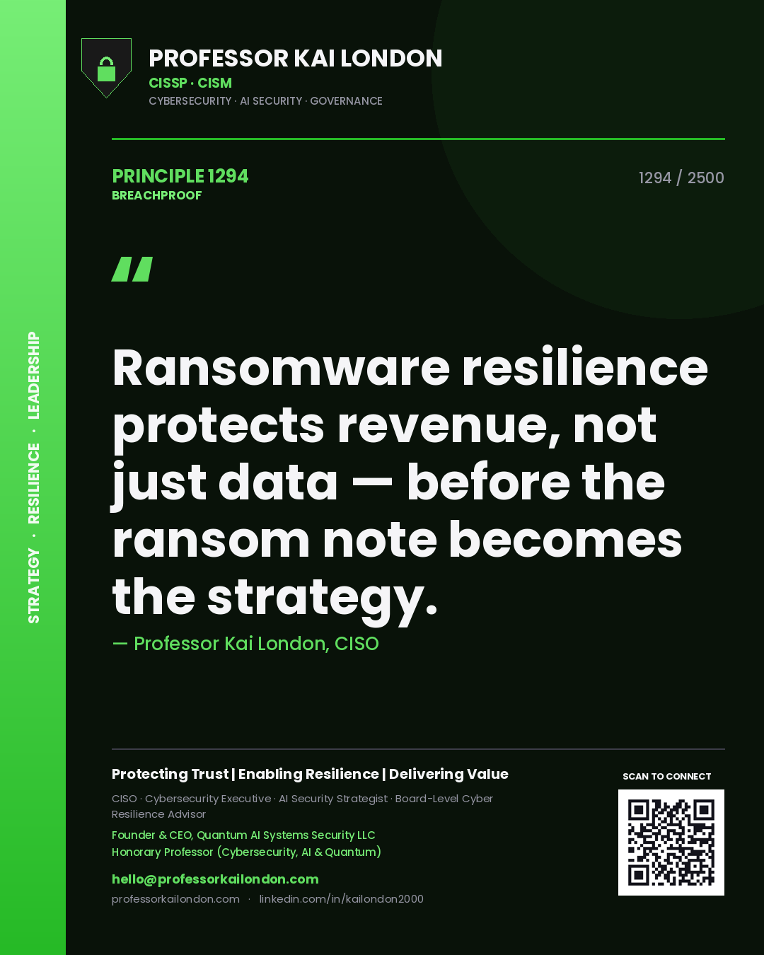 Professor Kai London principle 1294: Ransomware resilience protects revenue, not just data — before the ransom note becomes the strategy.