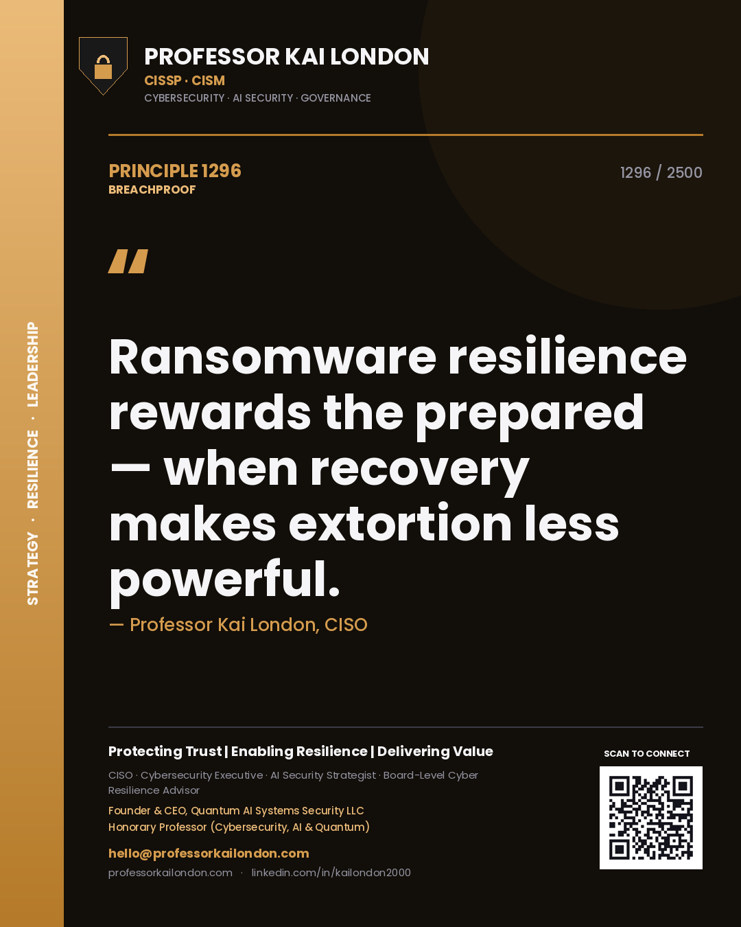 Quote card by Professor Kai London reading 'Ransomware resilience rewards the prepared — when recovery makes extortion less powerful.'. From the book Breachproof.