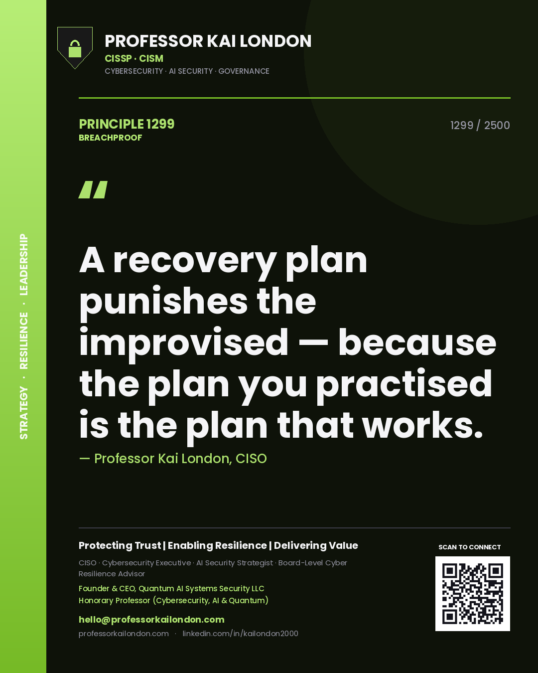 Professor Kai London principle 1299: A recovery plan punishes the improvised — because the plan you practised is the plan that works.