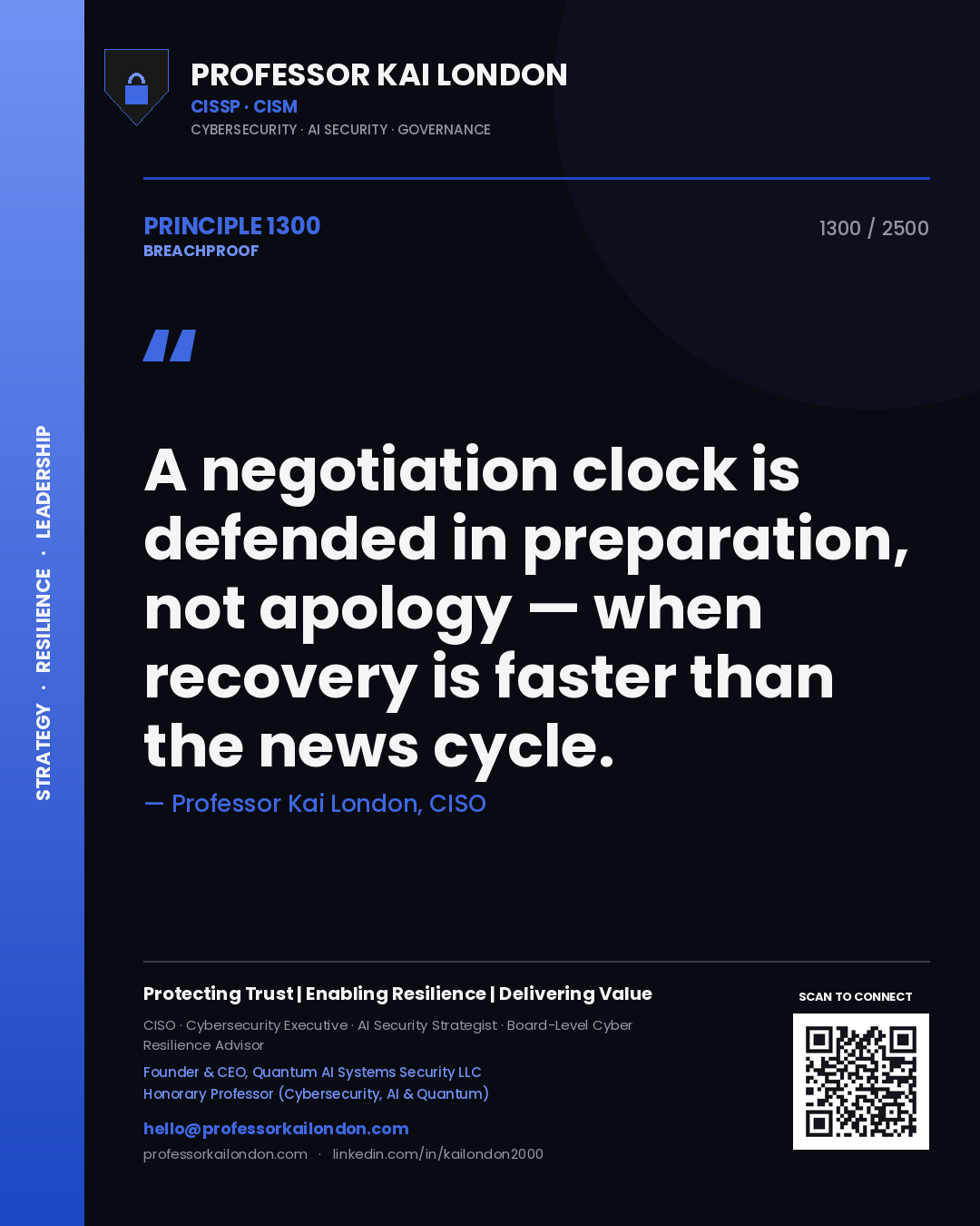Quote card by Professor Kai London reading 'A negotiation clock is defended in preparation, not apology — when recovery is faster than the news cycle.'. From the book Breachproof.