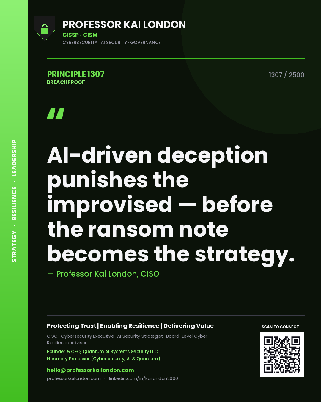 Quote card by Professor Kai London reading 'AI-driven deception punishes the improvised — before the ransom note becomes the strategy.'. From the book Breachproof.