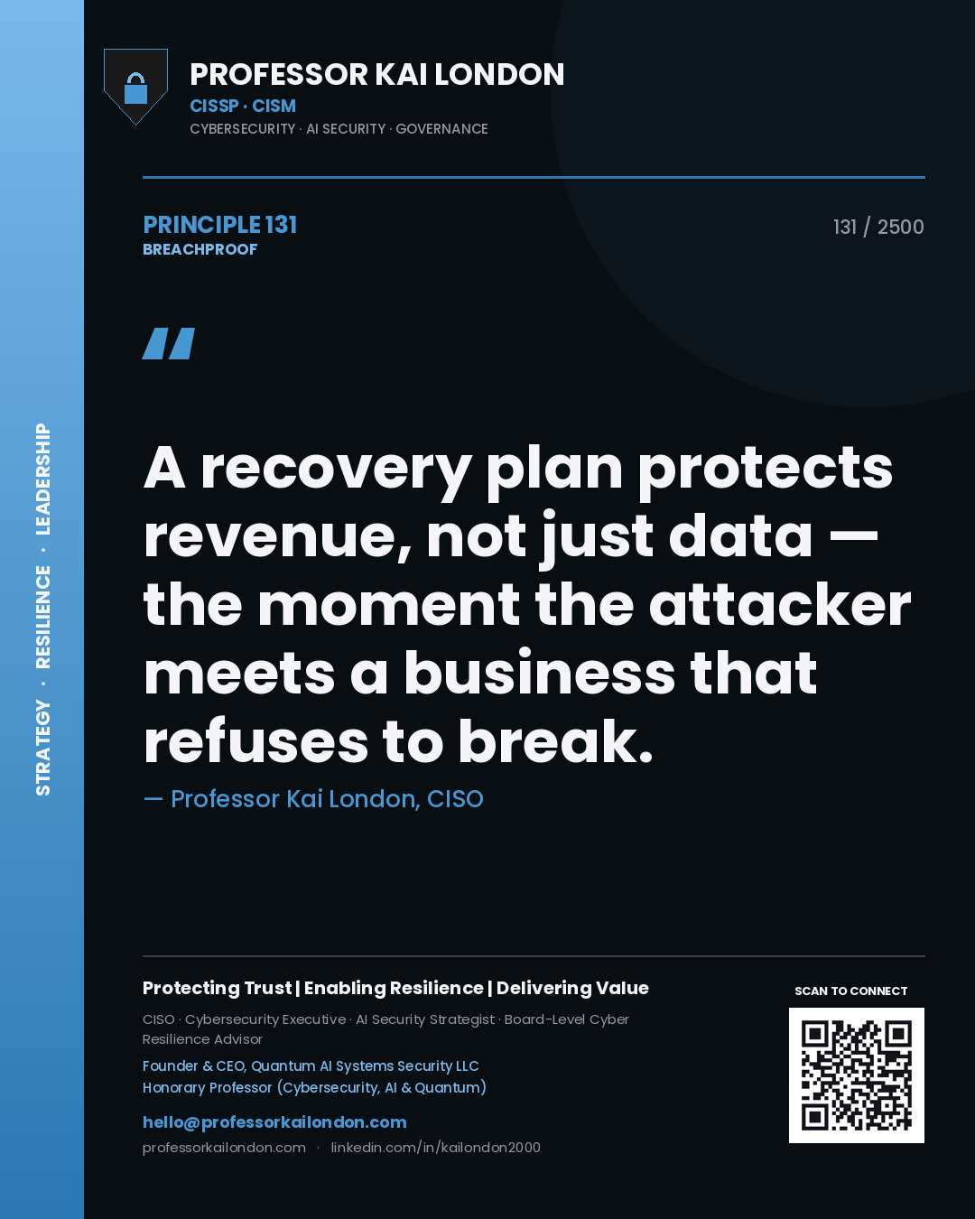 Quote card by Professor Kai London reading 'A recovery plan protects revenue, not just data — the moment the attacker meets a business that refuses to break.'. From the book Breachproof.