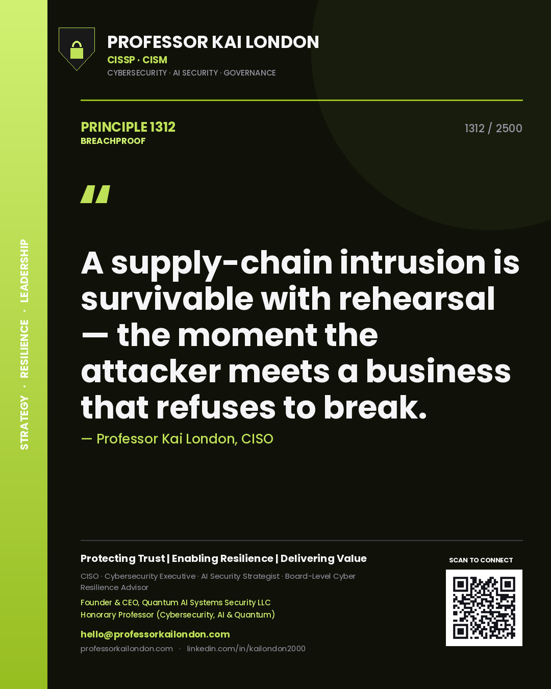Quote card by Professor Kai London reading 'A supply-chain intrusion is survivable with rehearsal — the moment the attacker meets a business that refuses to break.'. From the book Breachproof.