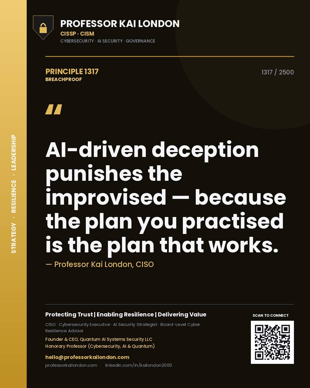 Quote card by Professor Kai London reading 'AI-driven deception punishes the improvised — because the plan you practised is the plan that works.'. From the book Breachproof.