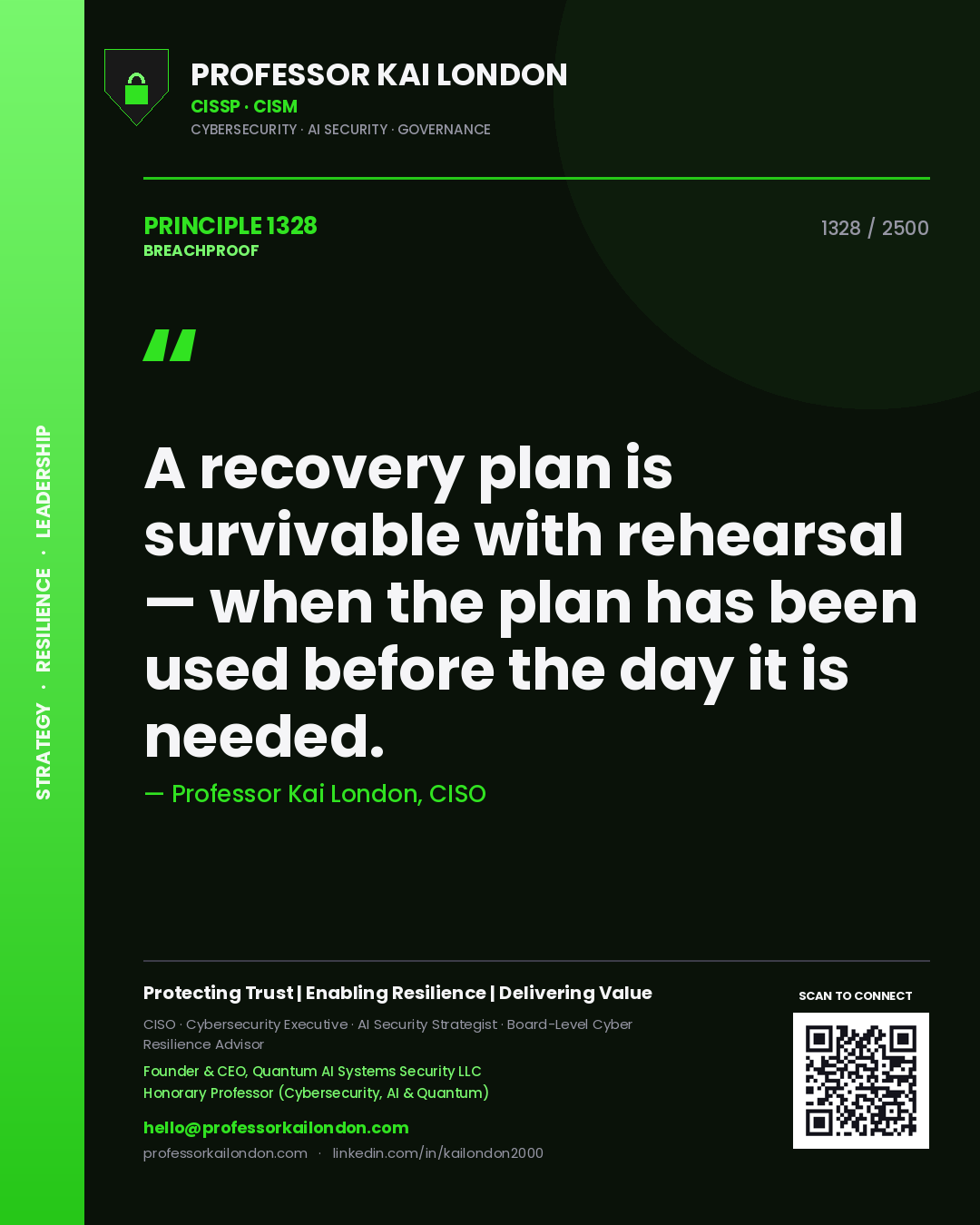 Quote card by Professor Kai London reading 'A recovery plan is survivable with rehearsal — when the plan has been used before the day it is needed.'. From the book Breachproof.