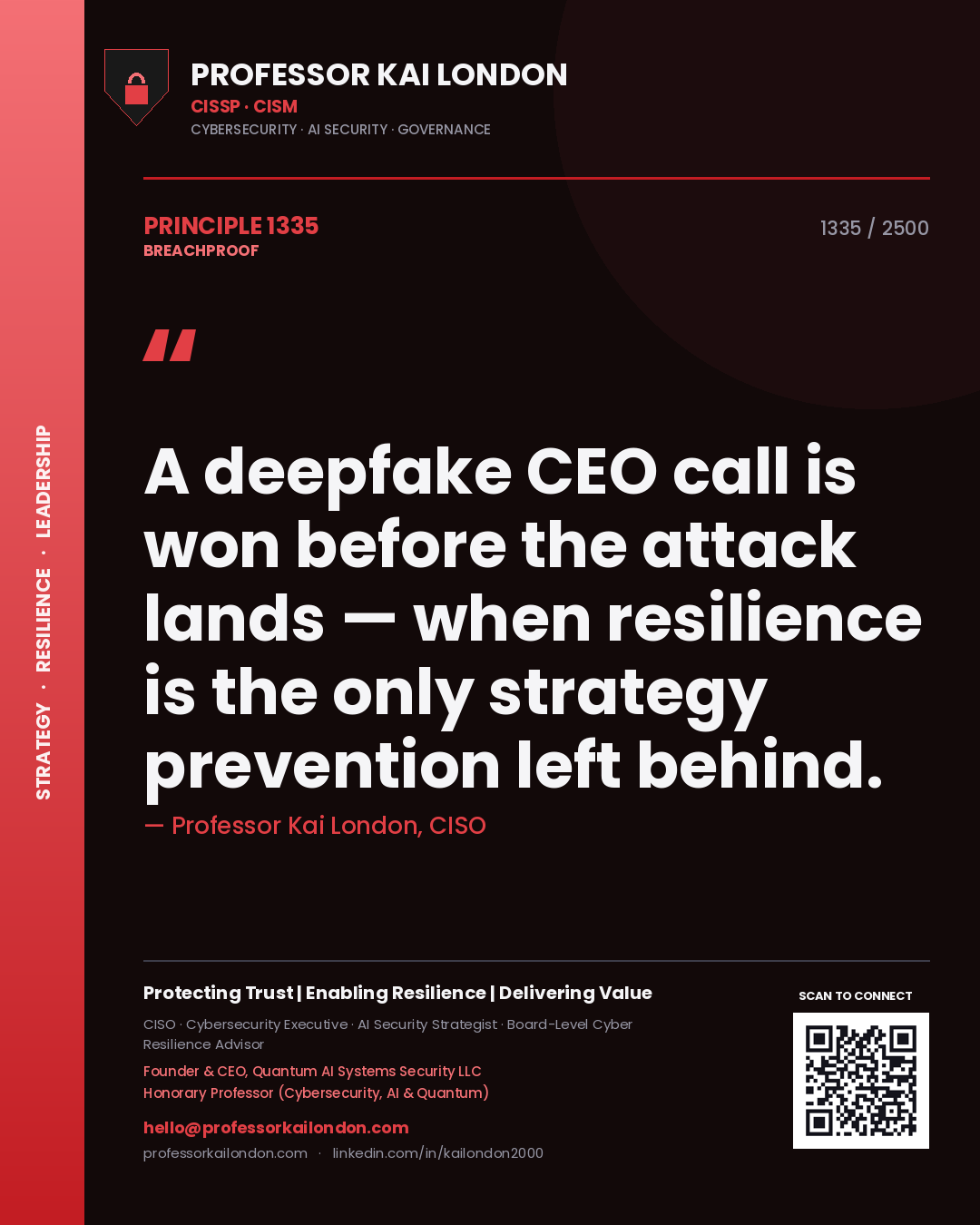Quote card by Professor Kai London reading 'A deepfake CEO call is won before the attack lands — when resilience is the only strategy prevention left behind.'. From the book Breachproof.