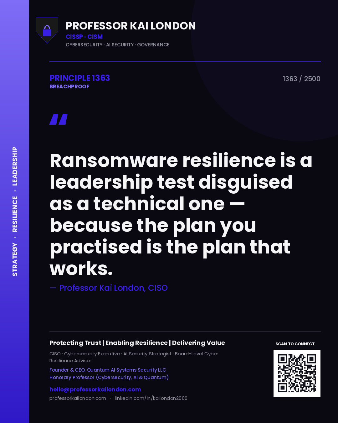 Quote card by Professor Kai London reading 'Ransomware resilience is a leadership test disguised as a technical one — because the plan you practised is the plan that works.'. From the book Breachproof.
