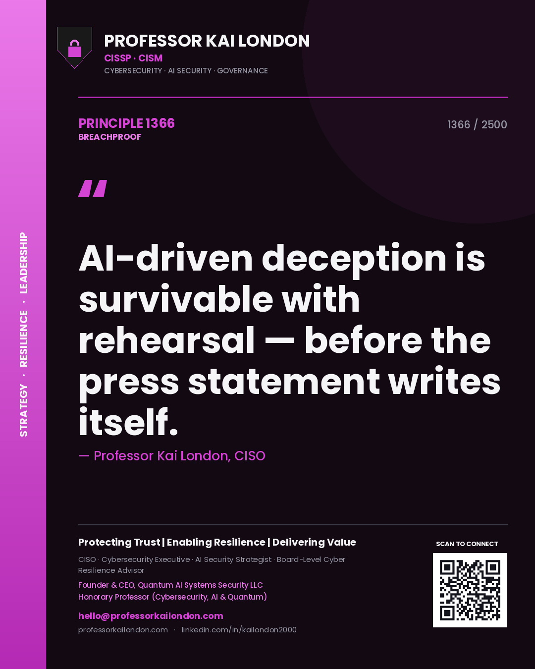 Quote card by Professor Kai London reading 'AI-driven deception is survivable with rehearsal — before the press statement writes itself.'. From the book Breachproof.