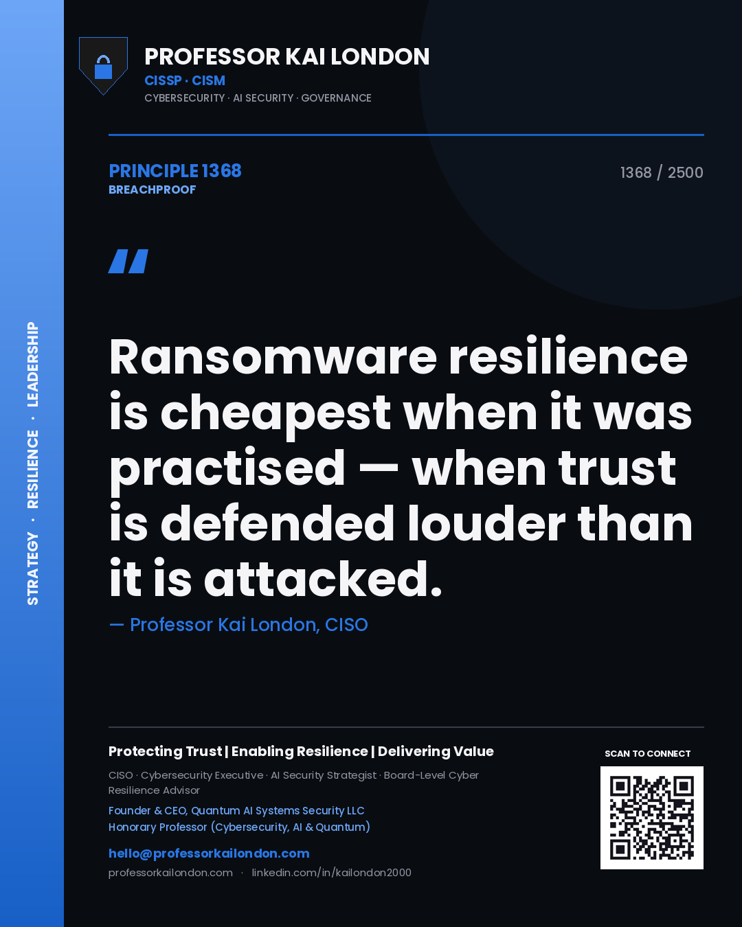 Quote card by Professor Kai London reading 'Ransomware resilience is cheapest when it was practised — when trust is defended louder than it is attacked.'. From the book Breachproof.