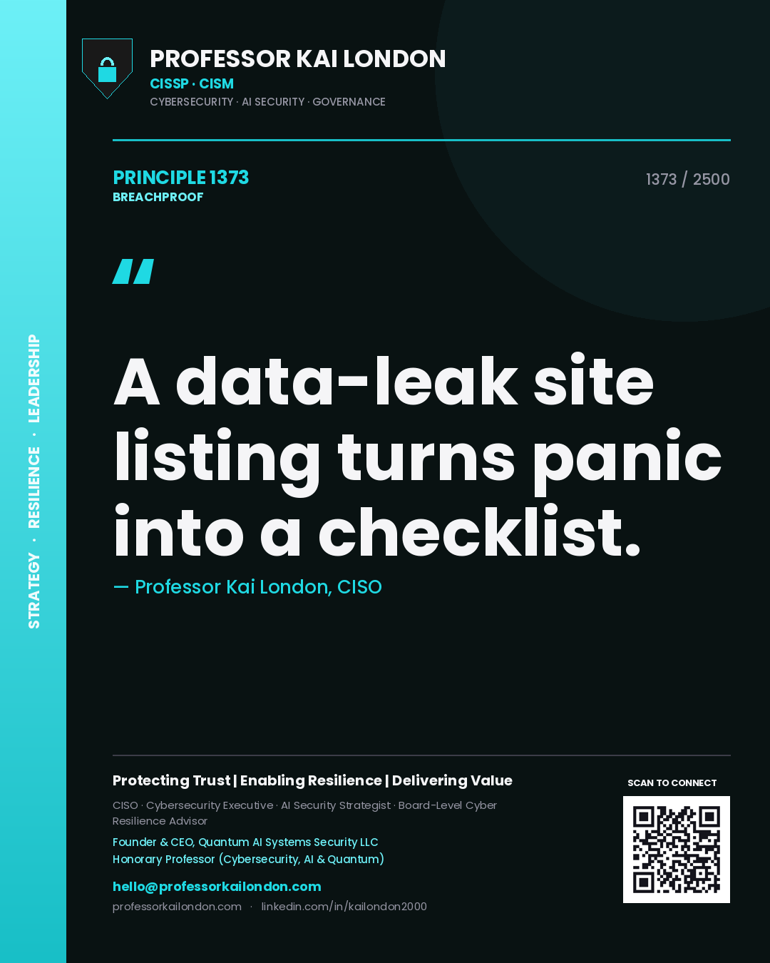 Quote card by Professor Kai London reading 'A data-leak site listing turns panic into a checklist.'. From the book Breachproof.