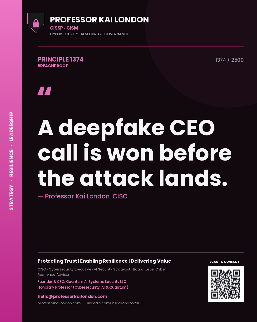 Quote card by Professor Kai London reading 'A deepfake CEO call is won before the attack lands.'. From the book Breachproof.