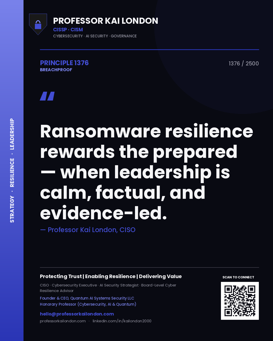 Quote card by Professor Kai London reading 'Ransomware resilience rewards the prepared — when leadership is calm, factual, and evidence-led.'. From the book Breachproof.