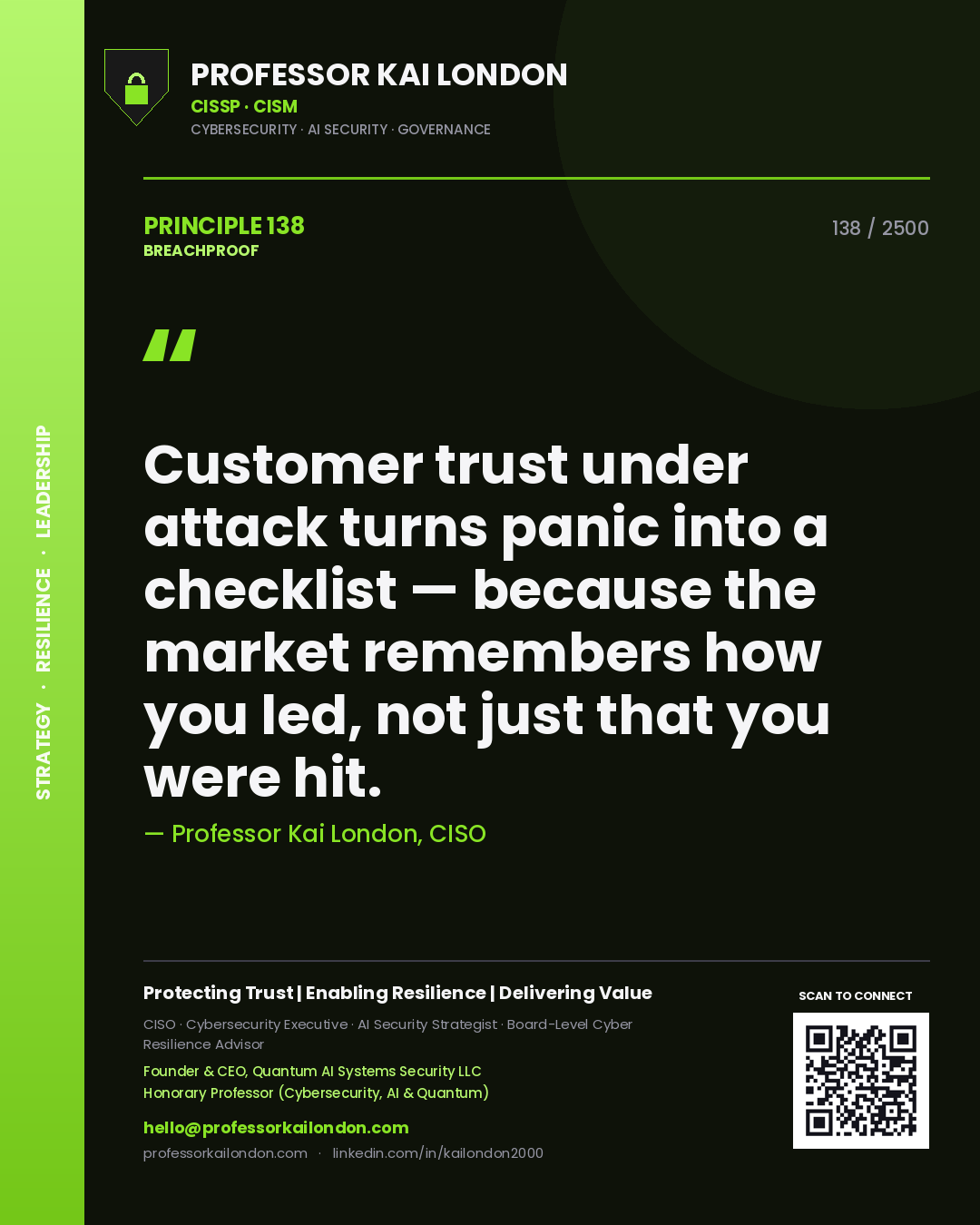 Quote card by Professor Kai London reading 'Customer trust under attack turns panic into a checklist — because the market remembers how you led, not just that you were hit.'. From the book Breachproof.