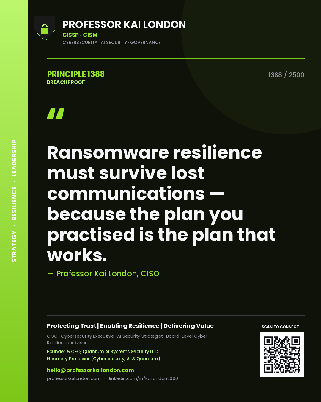 Professor Kai London principle 1388: Ransomware resilience must survive lost communications — because the plan you practised is the plan that works.