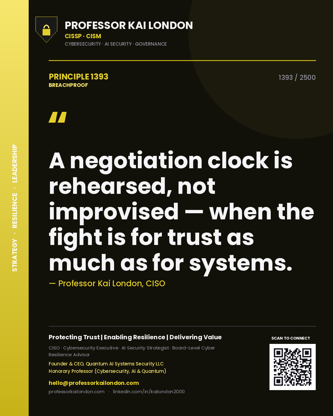 Quote card by Professor Kai London reading 'A negotiation clock is rehearsed, not improvised — when the fight is for trust as much as for systems.'. From the book Breachproof.