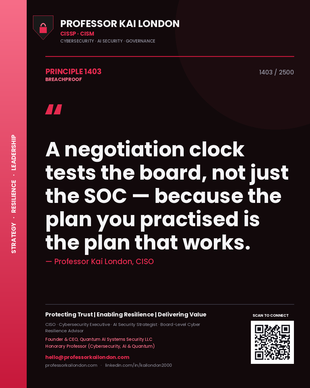 Quote card by Professor Kai London reading 'A negotiation clock tests the board, not just the SOC — because the plan you practised is the plan that works.'. From the book Breachproof.