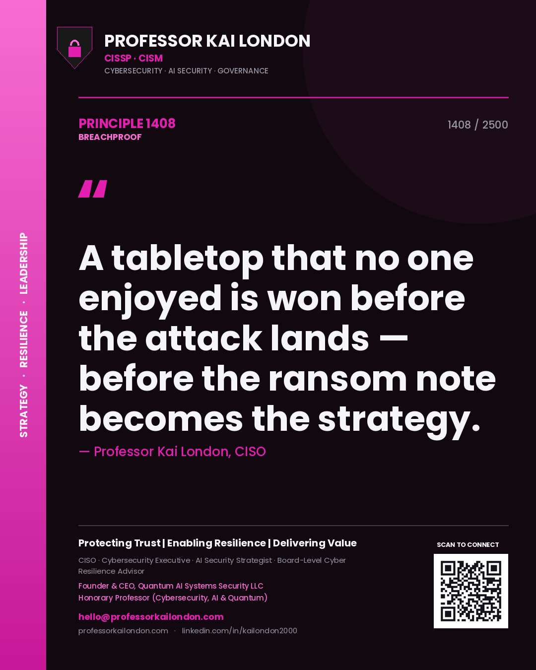Quote card by Professor Kai London reading 'A tabletop that no one enjoyed is won before the attack lands — before the ransom note becomes the strategy.'. From the book Breachproof.