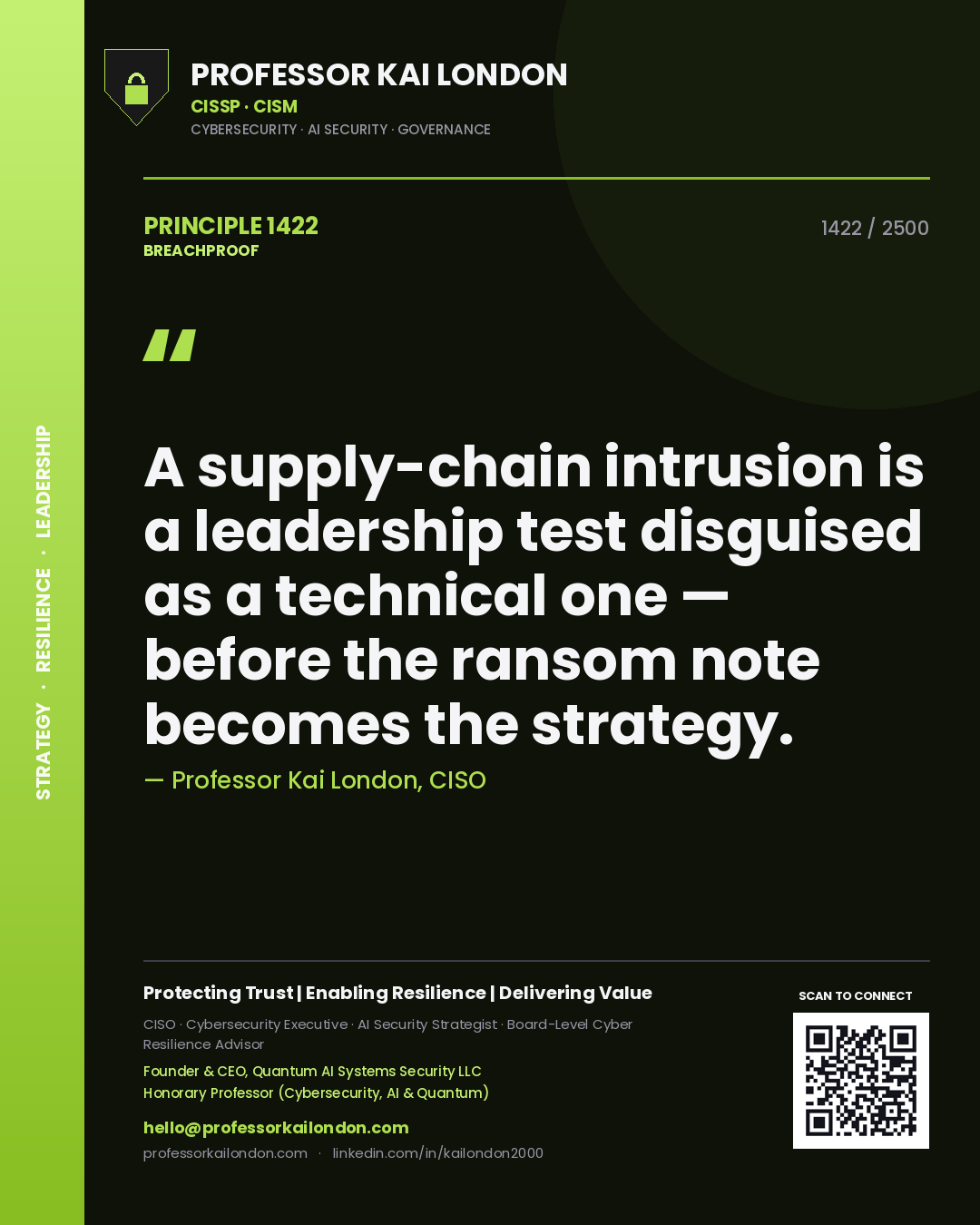 Quote card by Professor Kai London reading 'A supply-chain intrusion is a leadership test disguised as a technical one — before the ransom note becomes the strategy.'. From the book Breachproof.