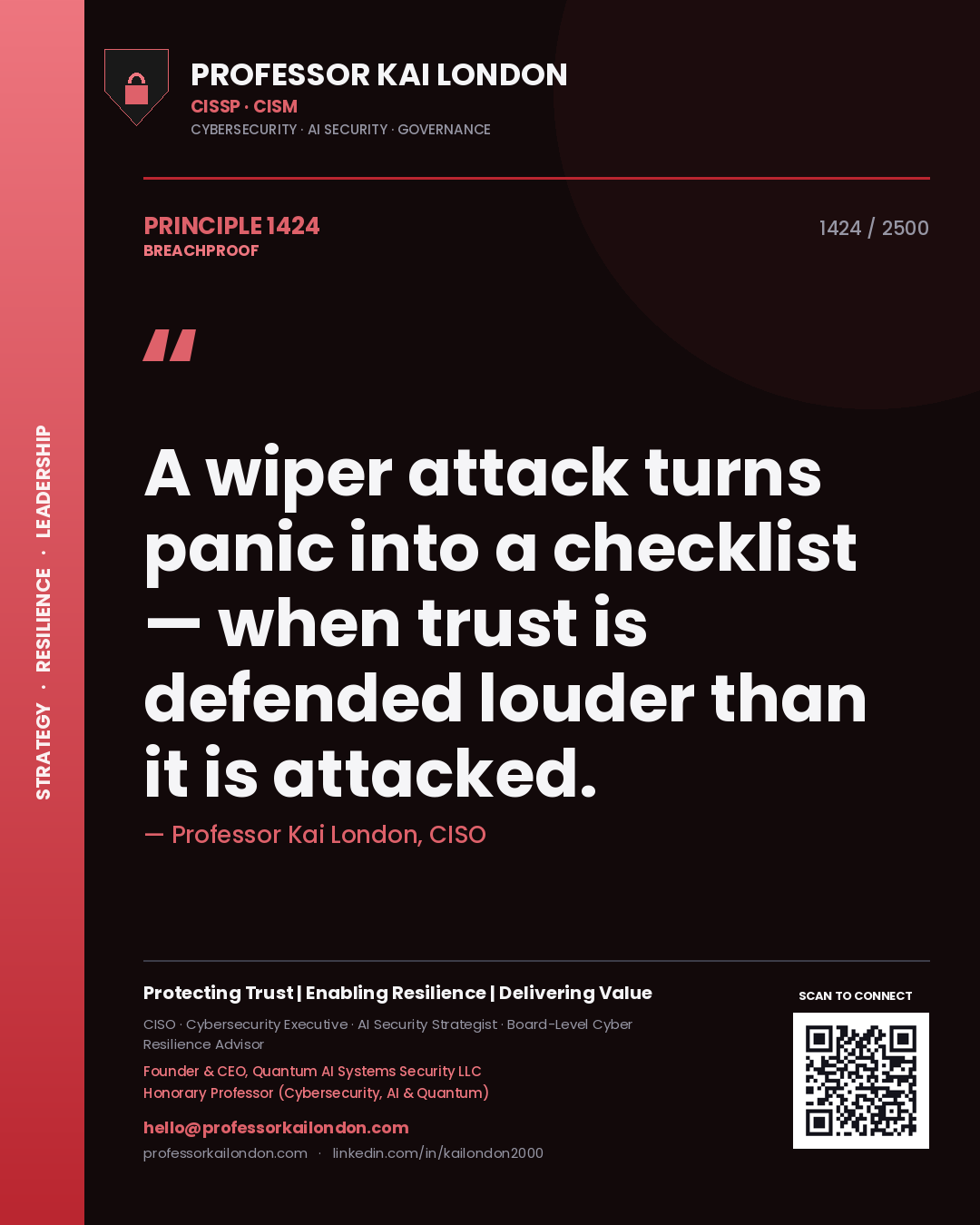 Quote card by Professor Kai London reading 'A wiper attack turns panic into a checklist — when trust is defended louder than it is attacked.'. From the book Breachproof.