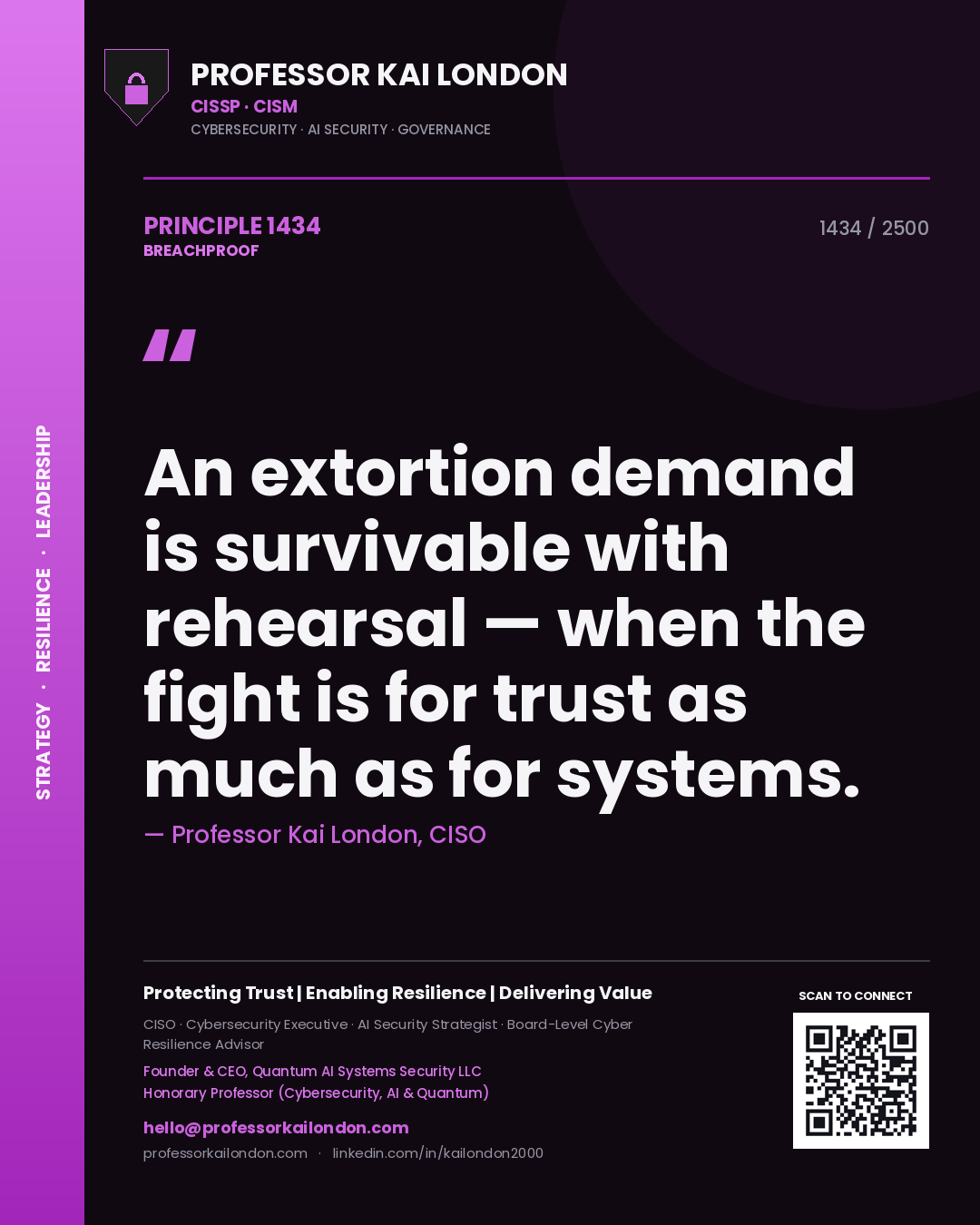 Quote card by Professor Kai London reading 'An extortion demand is survivable with rehearsal — when the fight is for trust as much as for systems.'. From the book Breachproof.