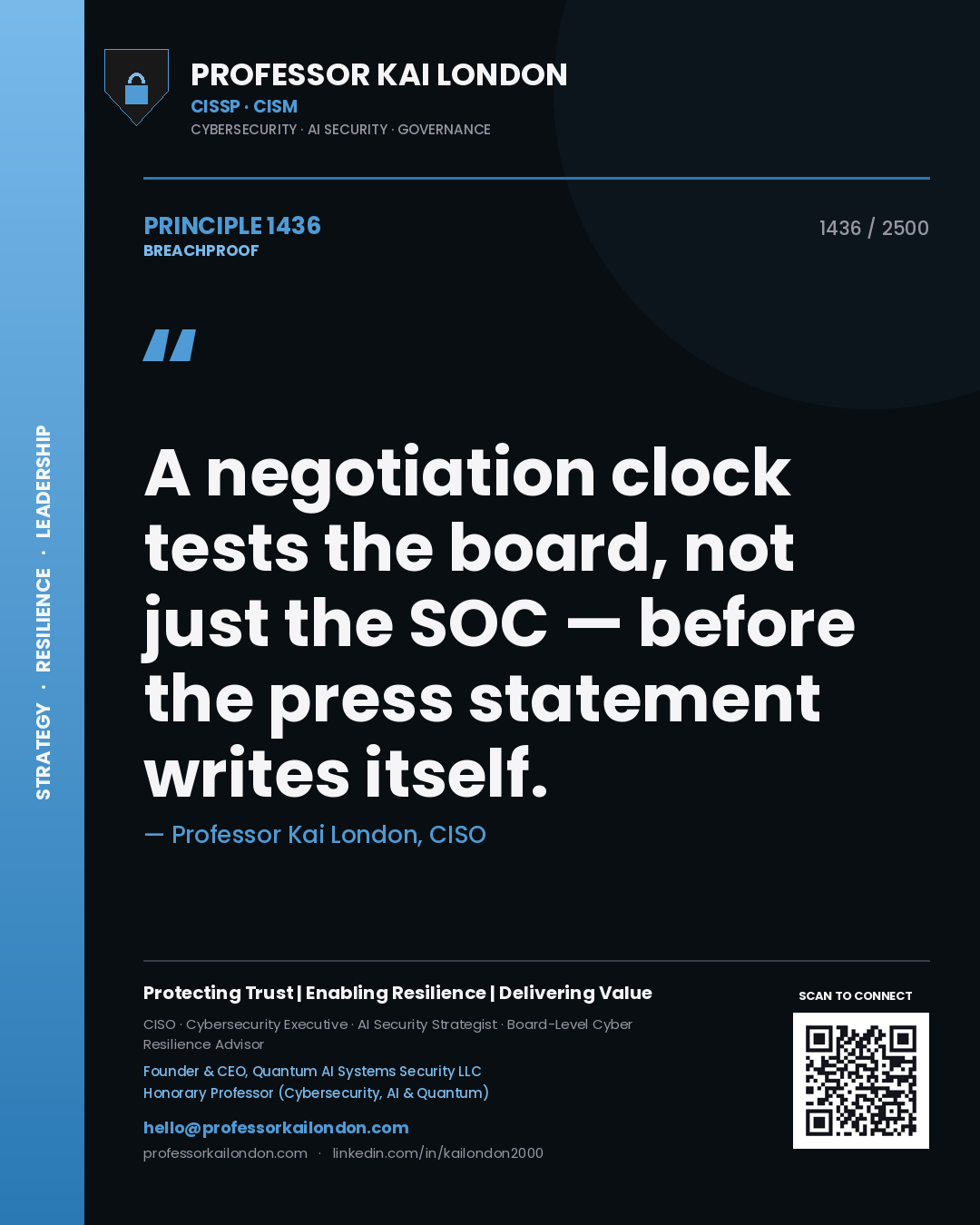 Quote card by Professor Kai London reading 'A negotiation clock tests the board, not just the SOC — before the press statement writes itself.'. From the book Breachproof.