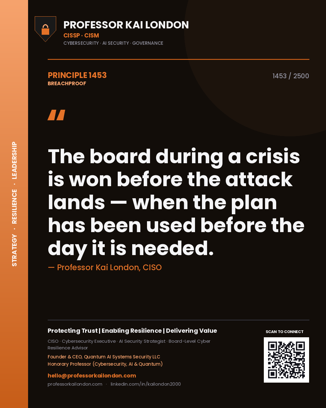 Quote card by Professor Kai London reading 'The board during a crisis is won before the attack lands — when the plan has been used before the day it is needed.'. From the book Breachproof.