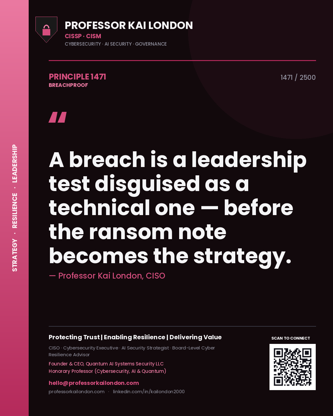 Quote card by Professor Kai London reading 'A breach is a leadership test disguised as a technical one — before the ransom note becomes the strategy.'. From the book Breachproof.
