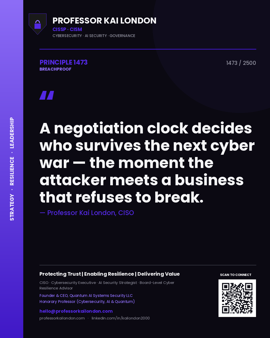 Quote card by Professor Kai London reading 'A negotiation clock decides who survives the next cyber war — the moment the attacker meets a business that refuses to break.'. From the book Breachproof.