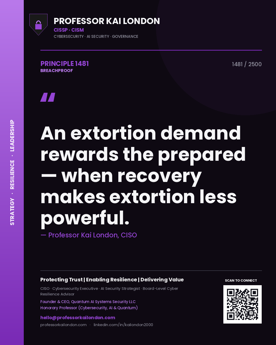Quote card by Professor Kai London reading 'An extortion demand rewards the prepared — when recovery makes extortion less powerful.'. From the book Breachproof.