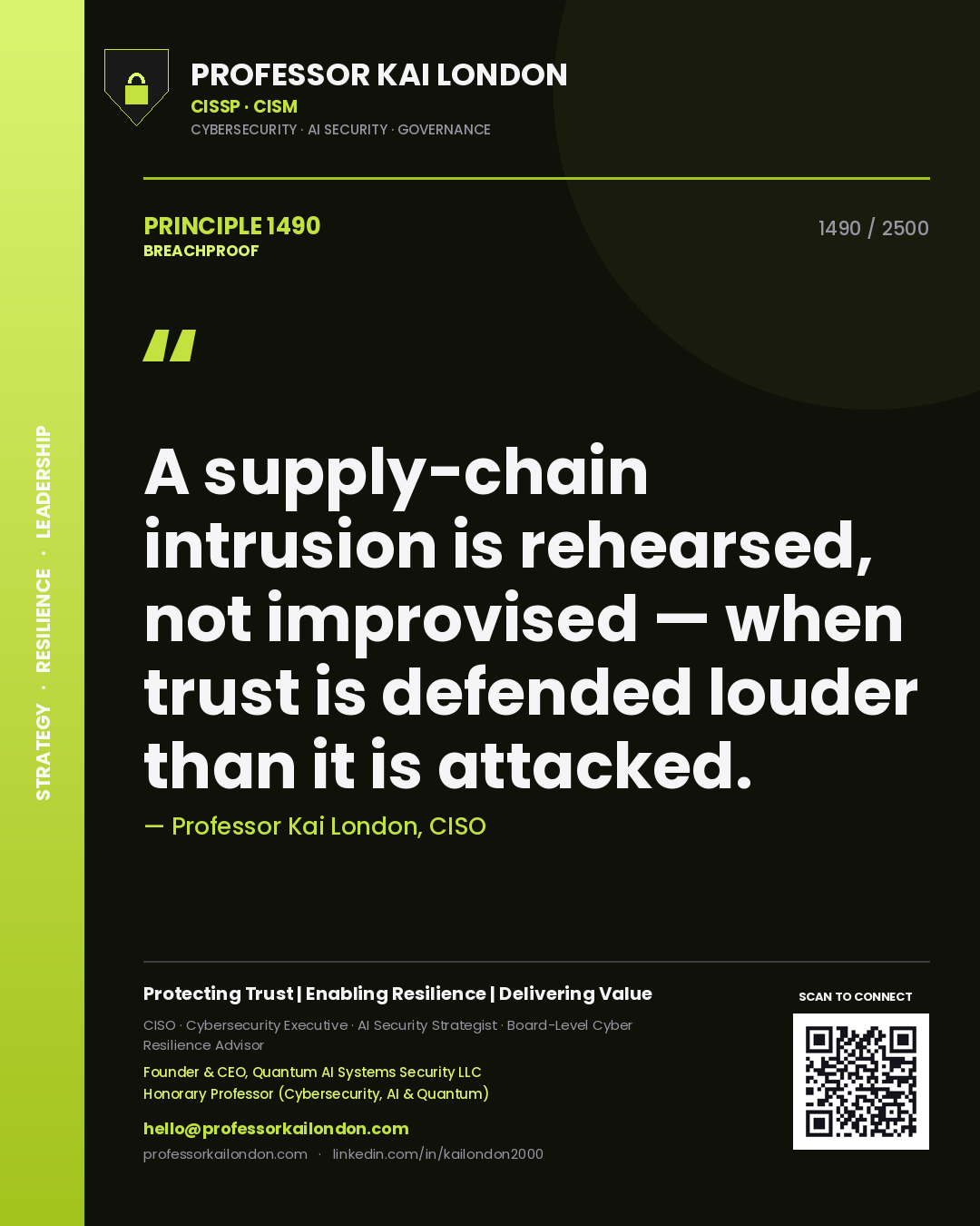 Quote card by Professor Kai London reading 'A supply-chain intrusion is rehearsed, not improvised — when trust is defended louder than it is attacked.'. From the book Breachproof.