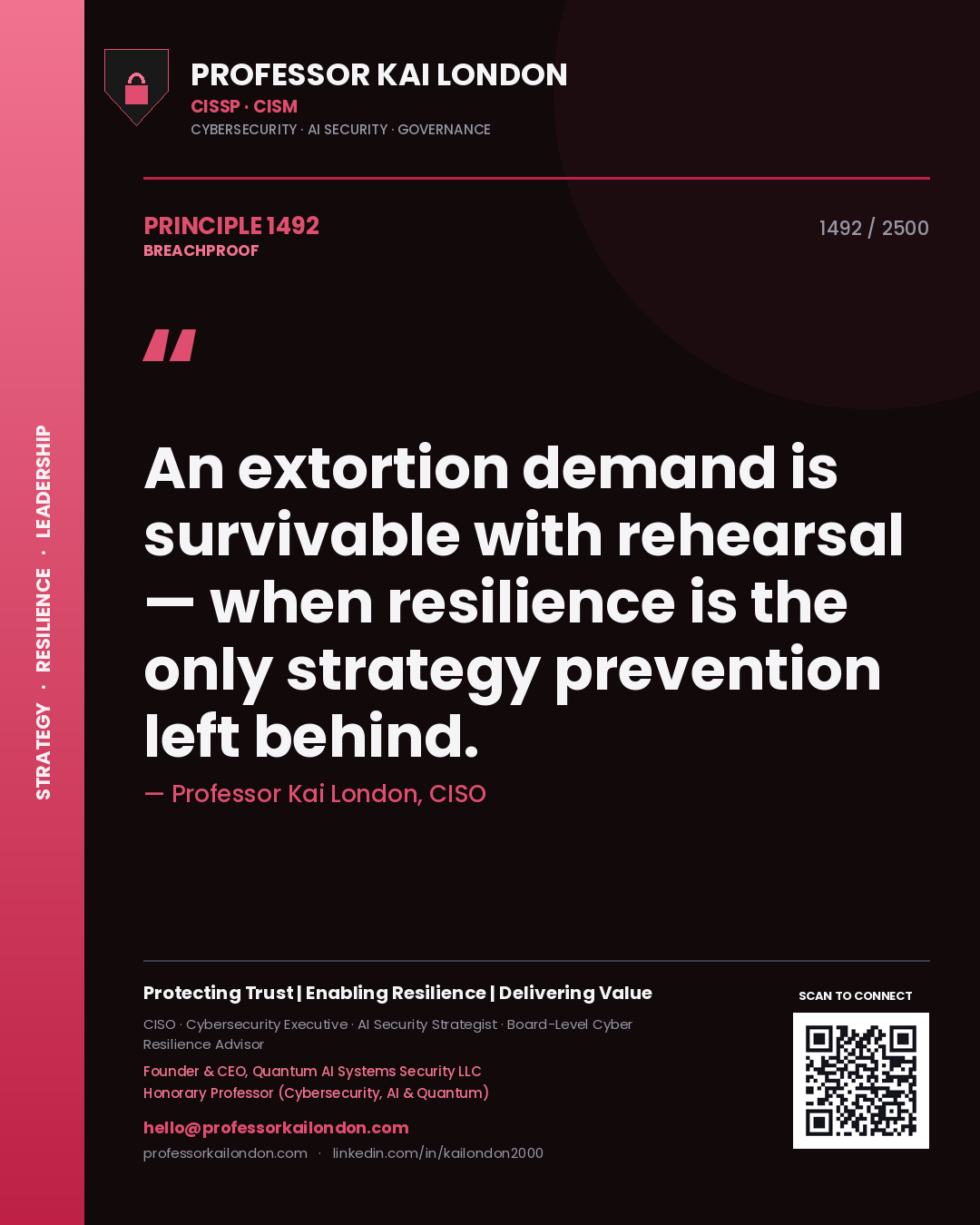 Professor Kai London principle 1492: An extortion demand is survivable with rehearsal — when resilience is the only strategy prevention left behind.