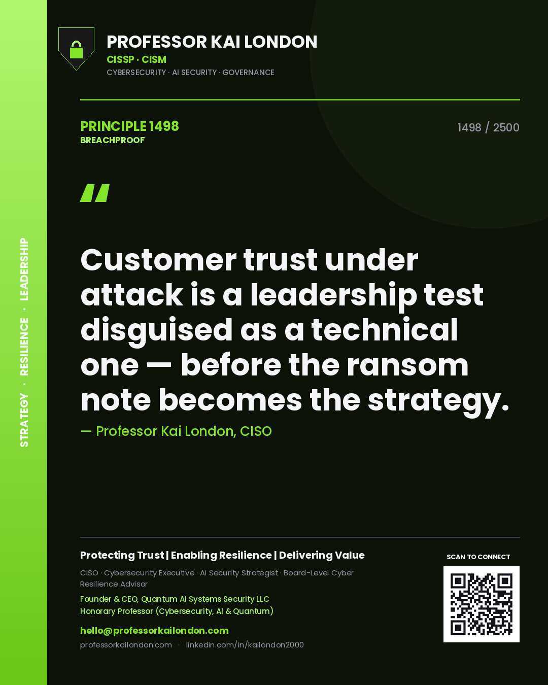 Professor Kai London principle 1498: Customer trust under attack is a leadership test disguised as a technical one — before the ransom note becomes the strategy.
