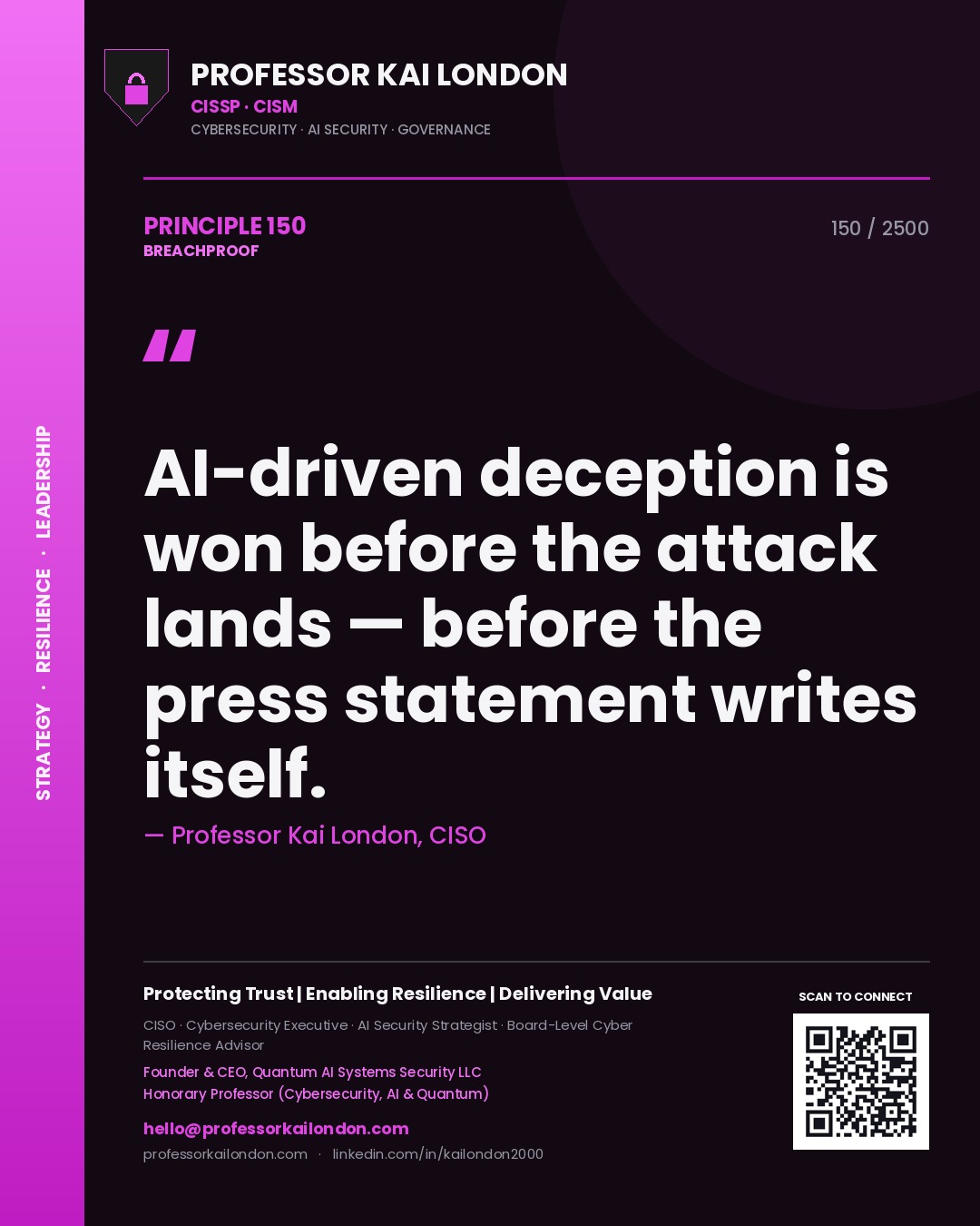 Professor Kai London principle 150: AI-driven deception is won before the attack lands — before the press statement writes itself.