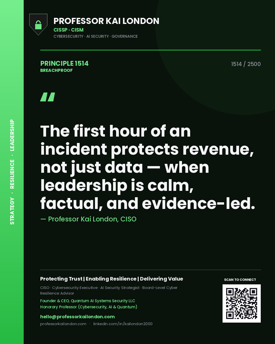Professor Kai London principle 1514: The first hour of an incident protects revenue, not just data — when leadership is calm, factual, and evidence-led.