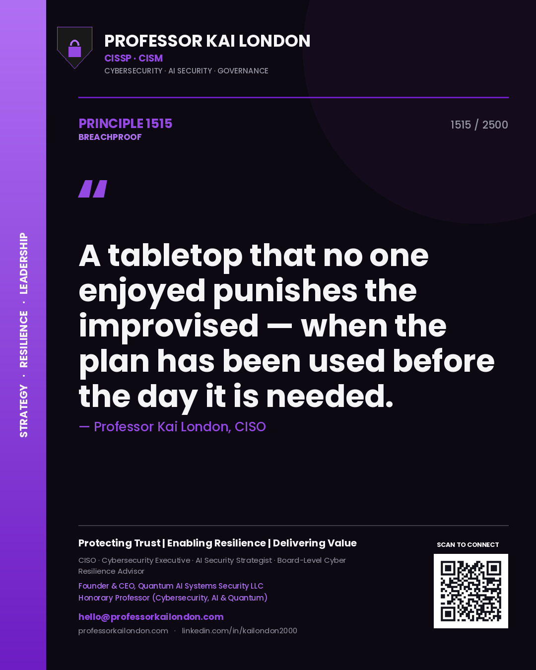 Quote card by Professor Kai London reading 'A tabletop that no one enjoyed punishes the improvised — when the plan has been used before the day it is needed.'. From the book Breachproof.