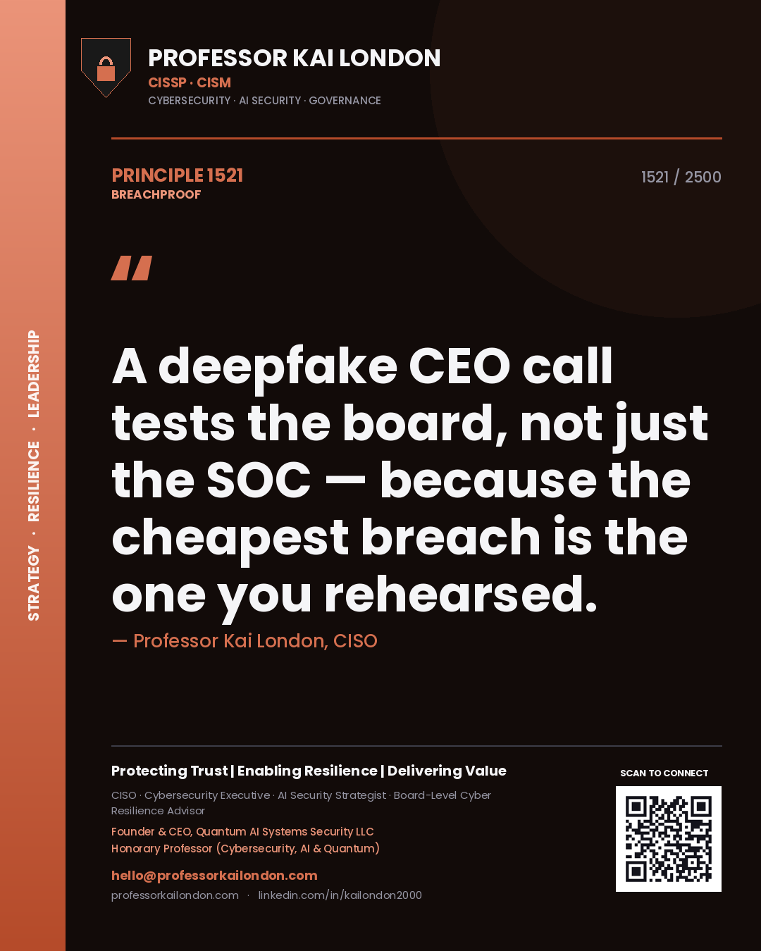 Quote card by Professor Kai London reading 'A deepfake CEO call tests the board, not just the SOC — because the cheapest breach is the one you rehearsed.'. From the book Breachproof.