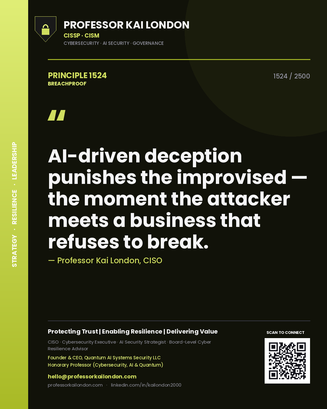 Quote card by Professor Kai London reading 'AI-driven deception punishes the improvised — the moment the attacker meets a business that refuses to break.'. From the book Breachproof.