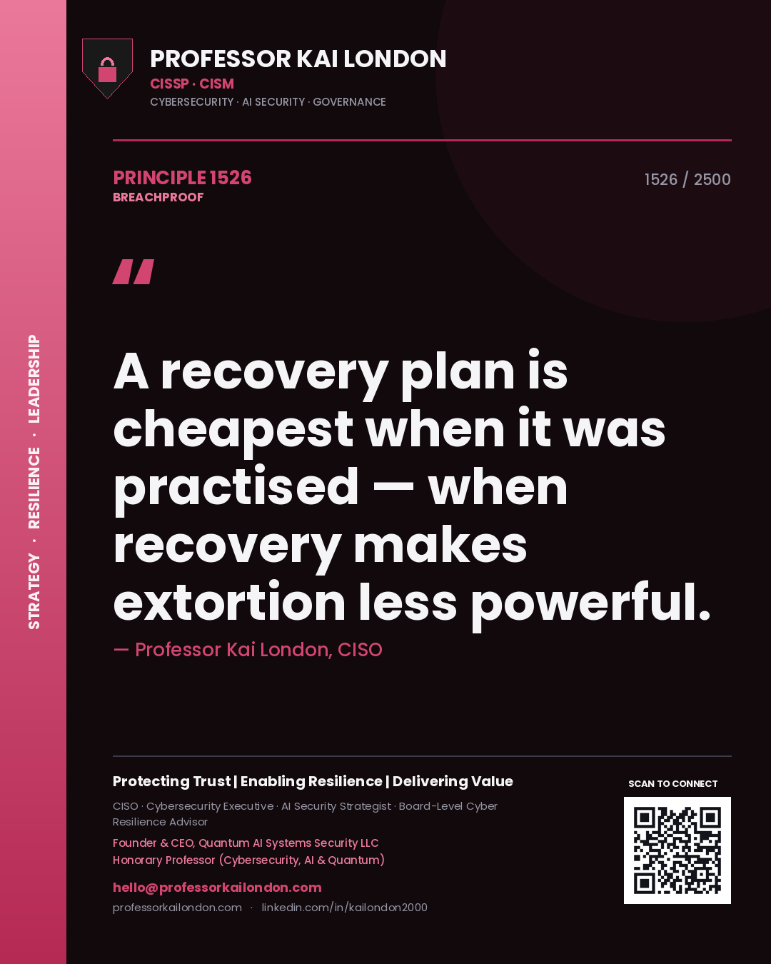 Professor Kai London principle 1526: A recovery plan is cheapest when it was practised — when recovery makes extortion less powerful.