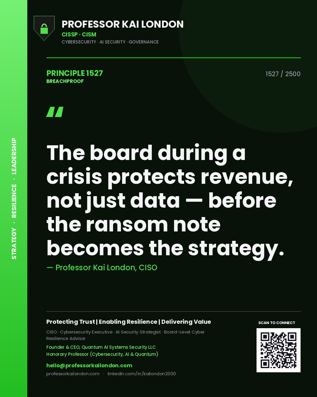 Professor Kai London principle 1527: The board during a crisis protects revenue, not just data — before the ransom note becomes the strategy.