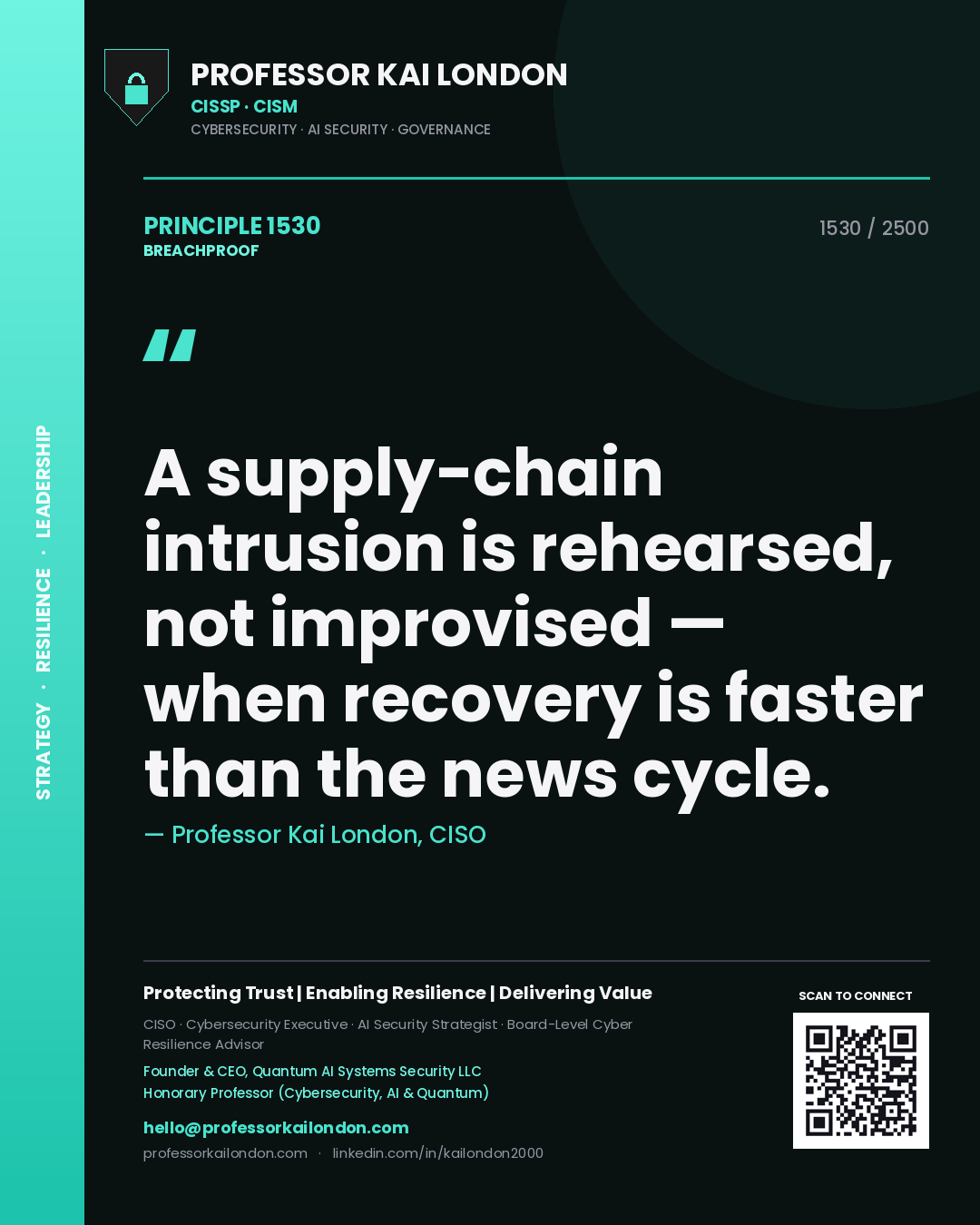 Quote card by Professor Kai London reading 'A supply-chain intrusion is rehearsed, not improvised — when recovery is faster than the news cycle.'. From the book Breachproof.
