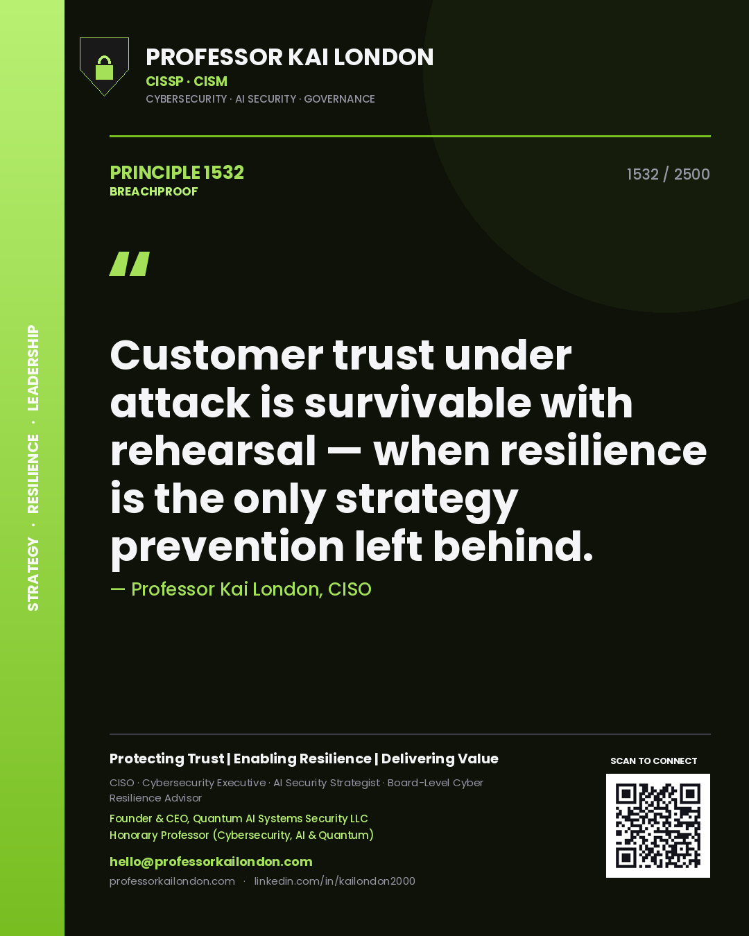 Professor Kai London principle 1532: Customer trust under attack is survivable with rehearsal — when resilience is the only strategy prevention left behind.