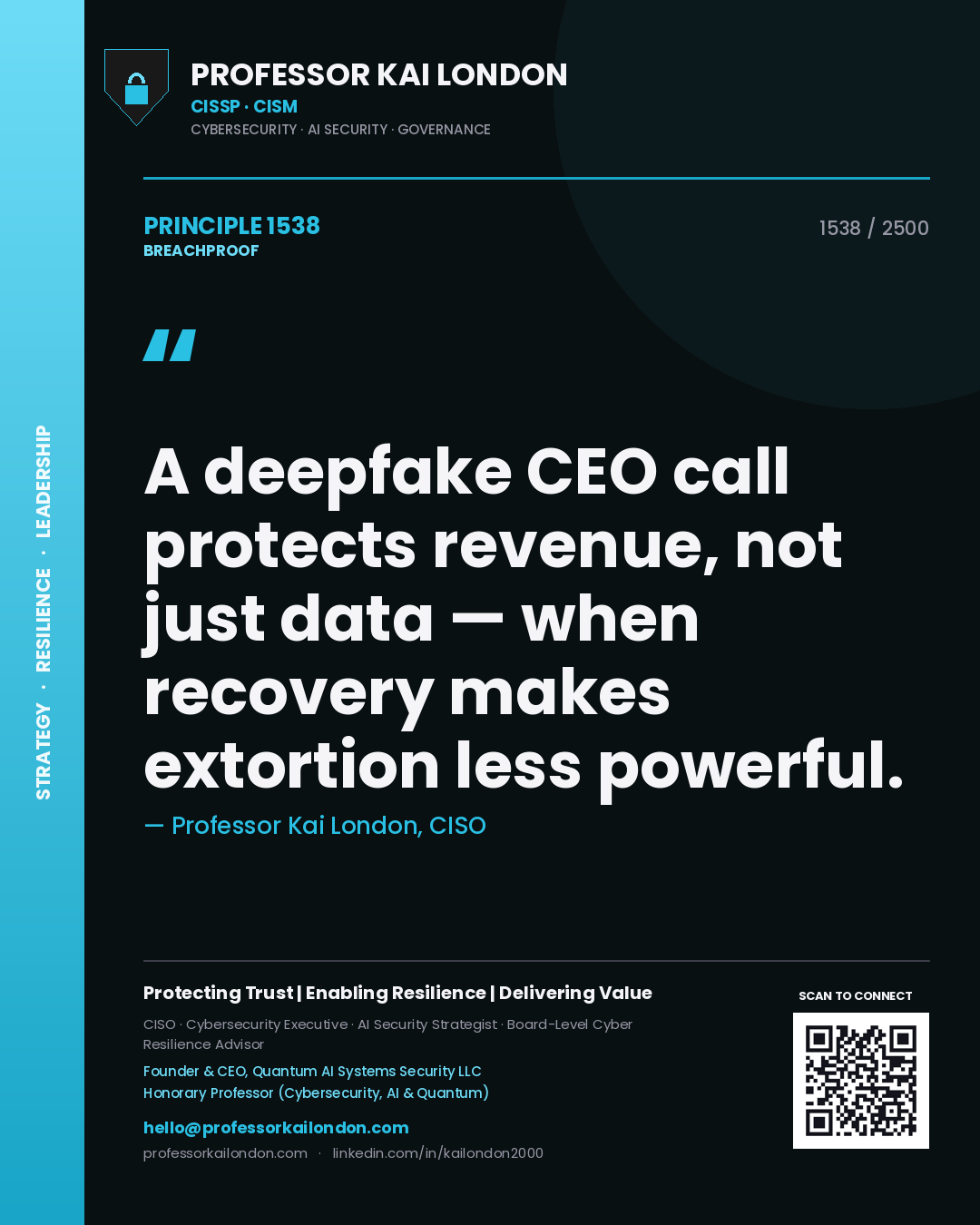 Quote card by Professor Kai London reading 'A deepfake CEO call protects revenue, not just data — when recovery makes extortion less powerful.'. From the book Breachproof.