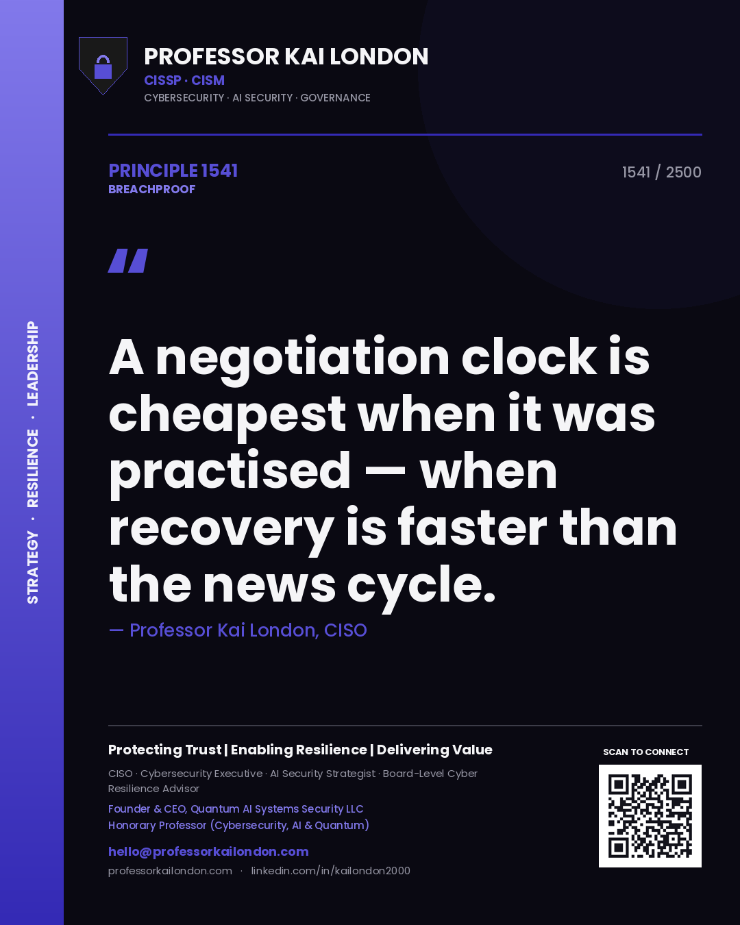 Quote card by Professor Kai London reading 'A negotiation clock is cheapest when it was practised — when recovery is faster than the news cycle.'. From the book Breachproof.