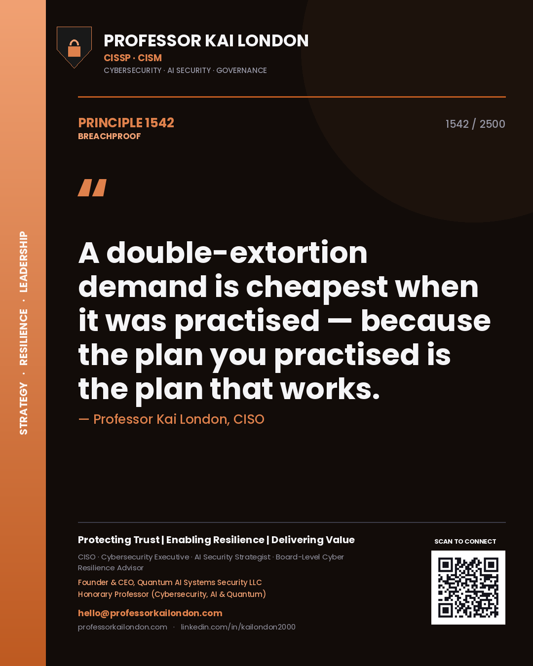 Quote card by Professor Kai London reading 'A double-extortion demand is cheapest when it was practised — because the plan you practised is the plan that works.'. From the book Breachproof.
