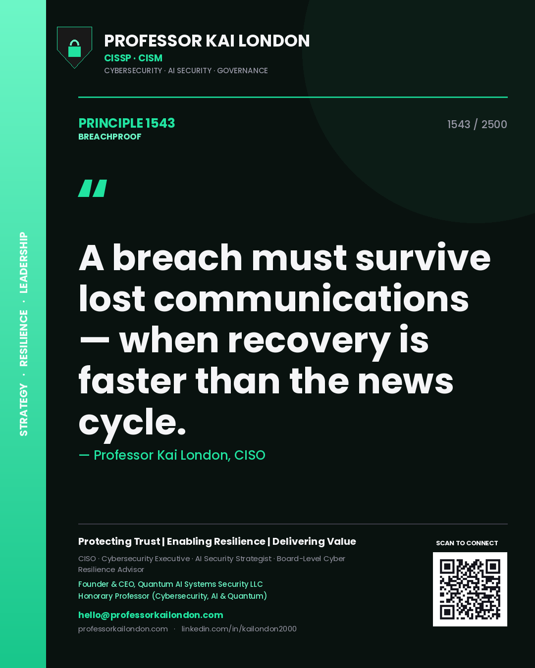 Quote card by Professor Kai London reading 'A breach must survive lost communications — when recovery is faster than the news cycle.'. From the book Breachproof.