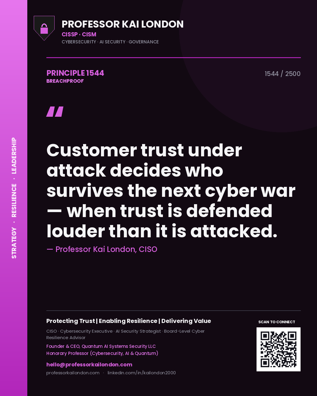 Quote card by Professor Kai London reading 'Customer trust under attack decides who survives the next cyber war — when trust is defended louder than it is attacked.'. From the book Breachproof.